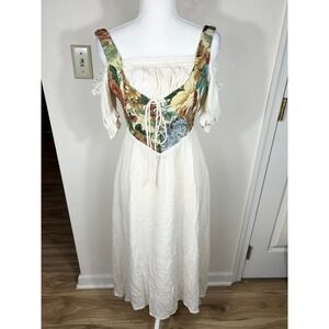 Renaissance Corset Dress Peasant Renfair Cream Floral Tapestry Cosplay Cottage
